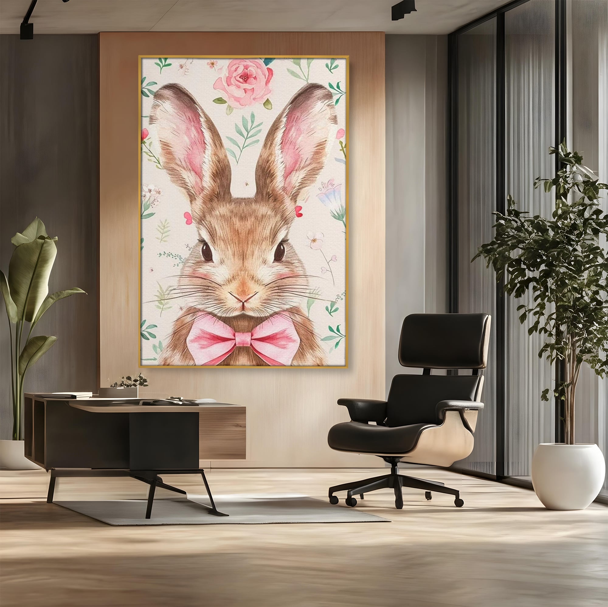 Tablou canvas cu tablou canvas cu iepure dandy, in rama de aluminiu auriu, pe perete intr-un birou
